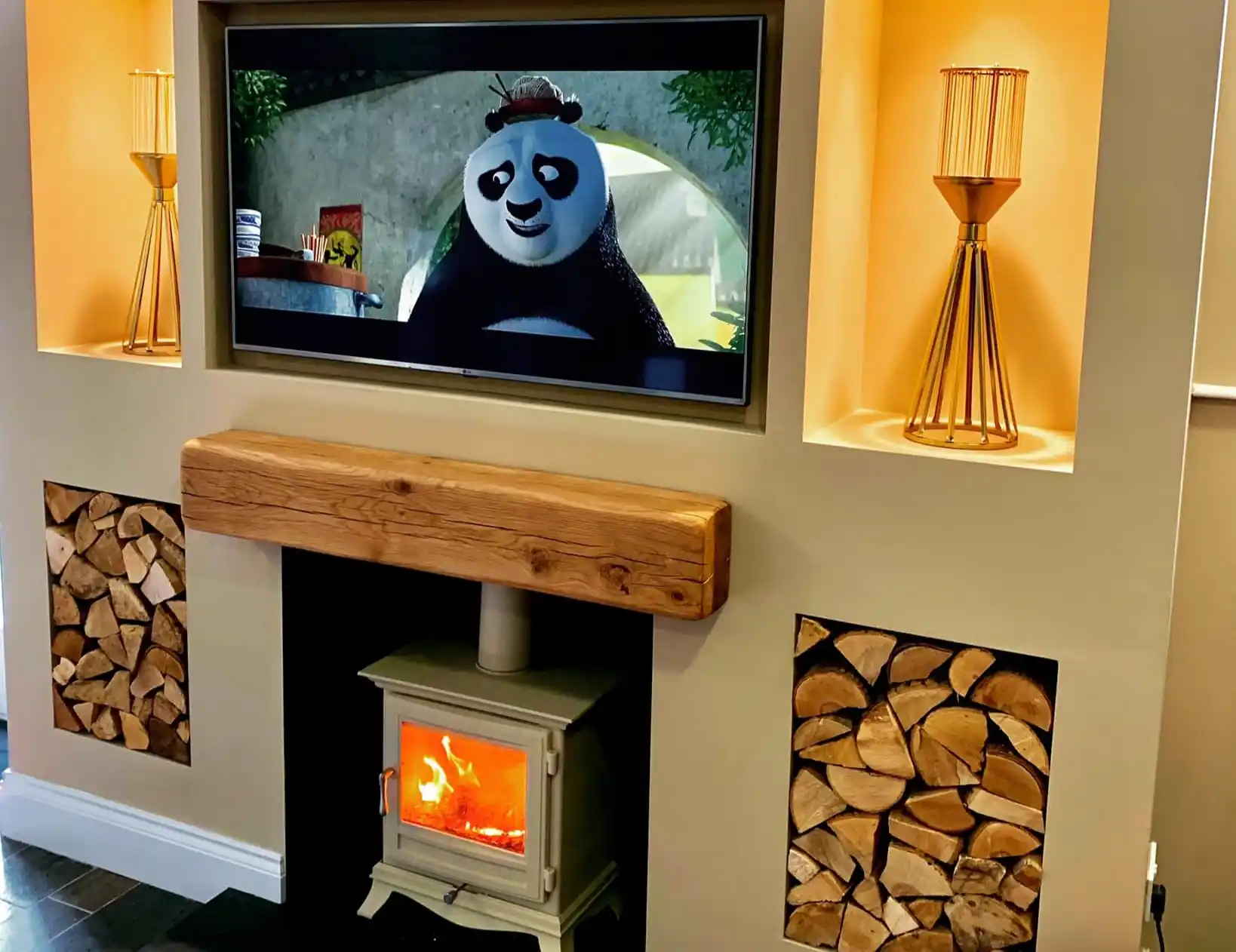 Log burner media wall