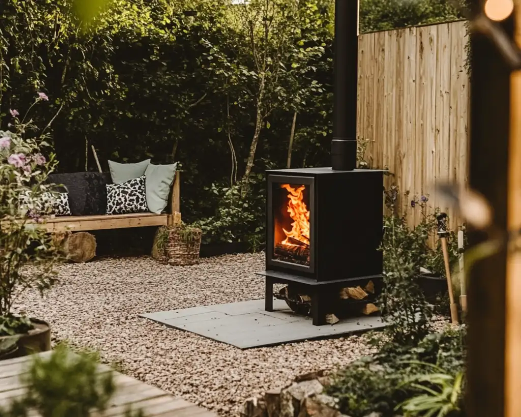 A wood burning stove placed outside in a garden area