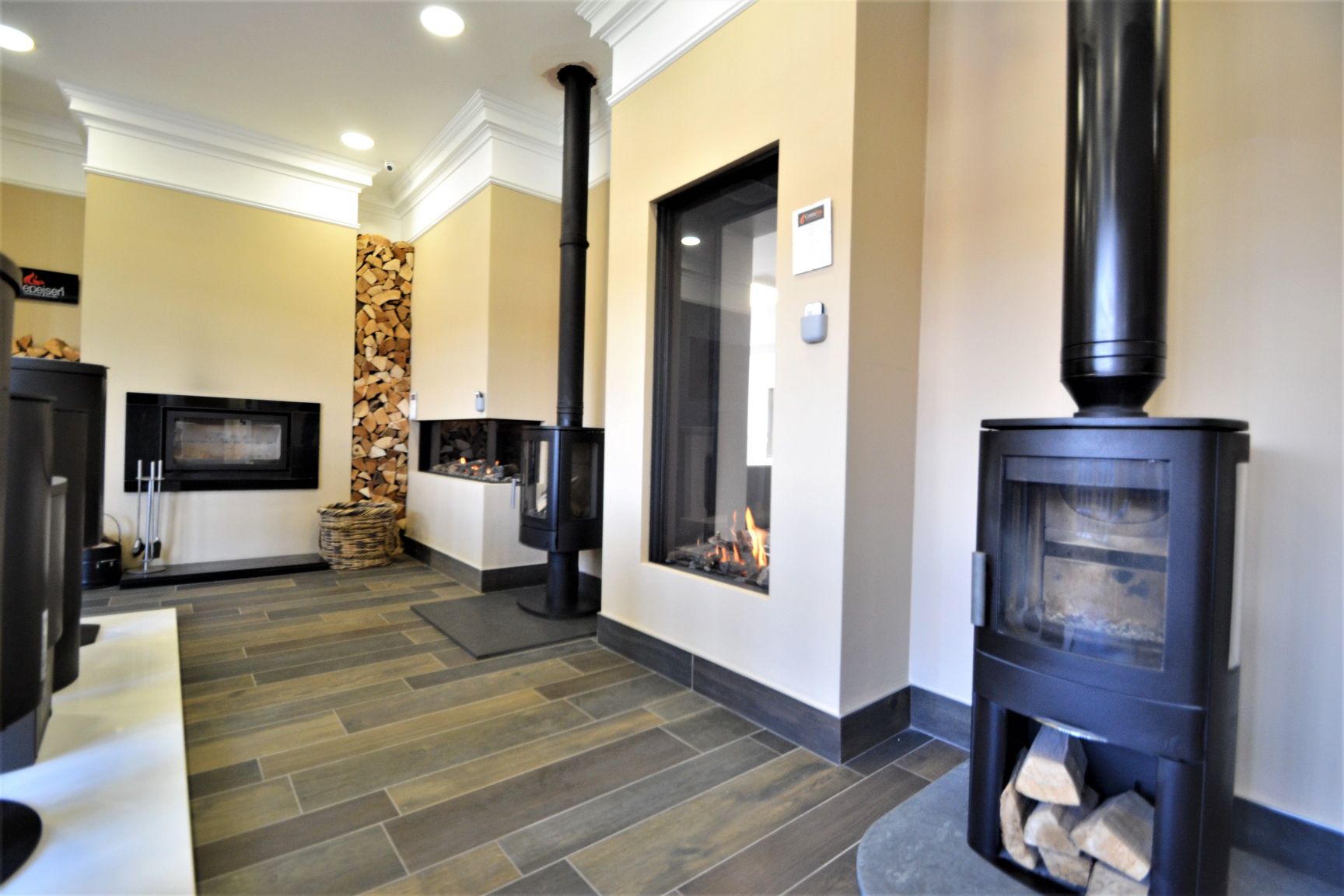 Centreline Showroom wood burners with chimney