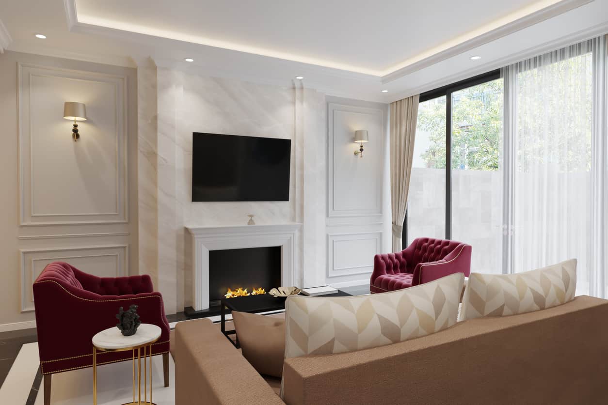 Gas fire media wall in living room