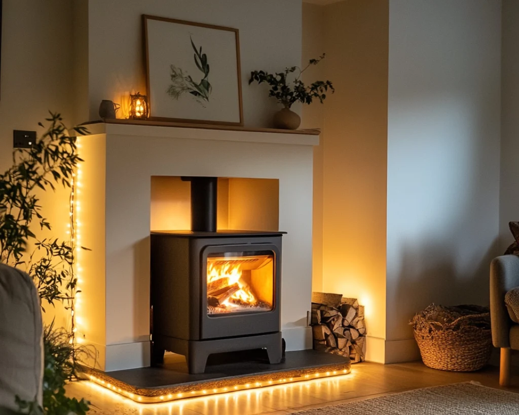Wood burning stove with ambient strip lighting