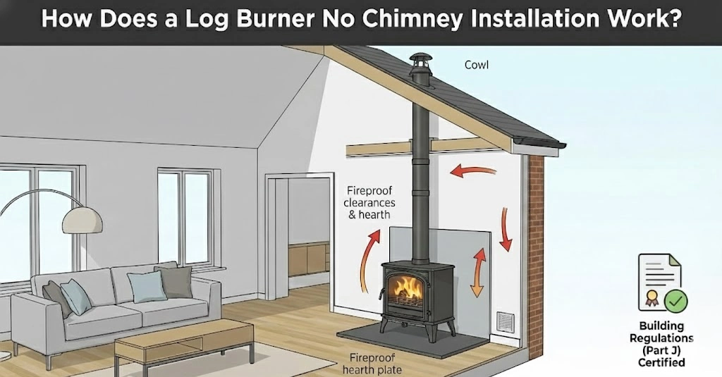 diagram showing a log burner no chimney installation