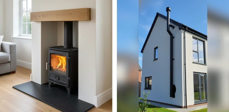 log burner no chimney showing inside and outside installation