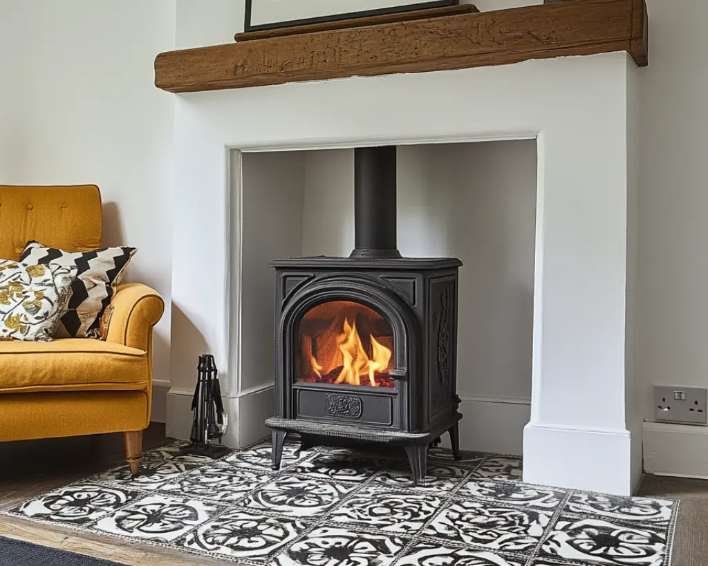 Balck and white hearth with wooden log burner
