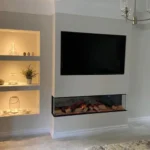 White Media Wall Build with storage shelves on one side