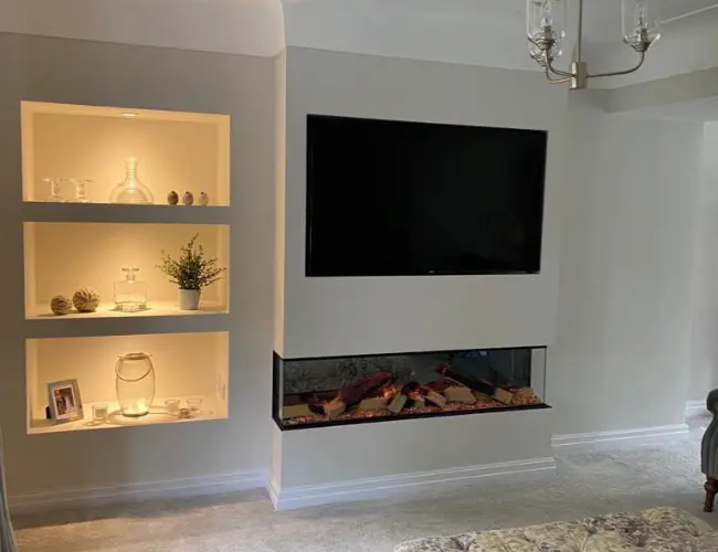 White Media Wall Build with storage shelves on one side