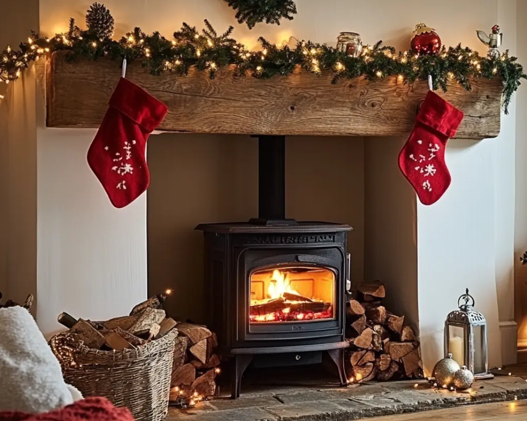 Wood buning stove with christmas decorations on the canopy