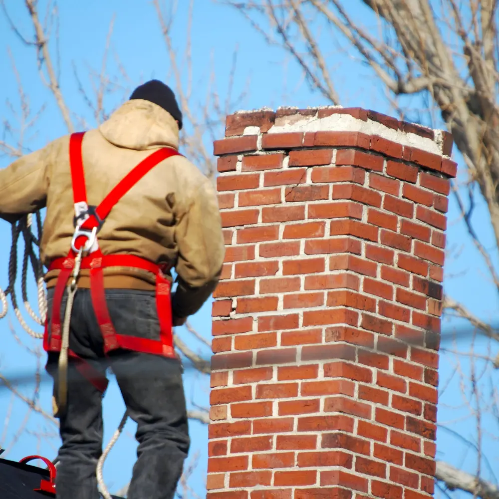Fireplace and Stove Servicing Wirral. A man sweeping chimney